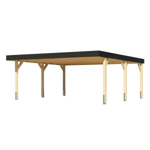Karibu Doppelcarport aus Leimholz, naturbelassen, mit anthrazitfarbener Dachblende.