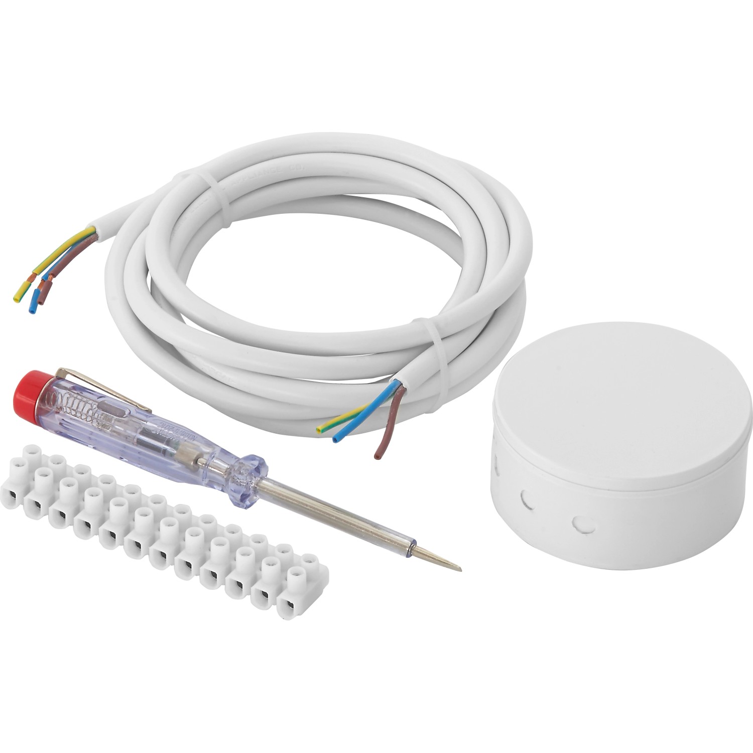 Lampenanschluss-Set, 4-teilig: Verteilerbaldachin, Lüsterklemme, Schlauchleitung, Phasenprüfer.