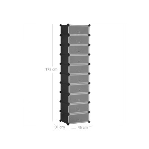 Schwarzes Songmics Regal mit 10 Ebenen für Schuhe, 31x43x173 cm.