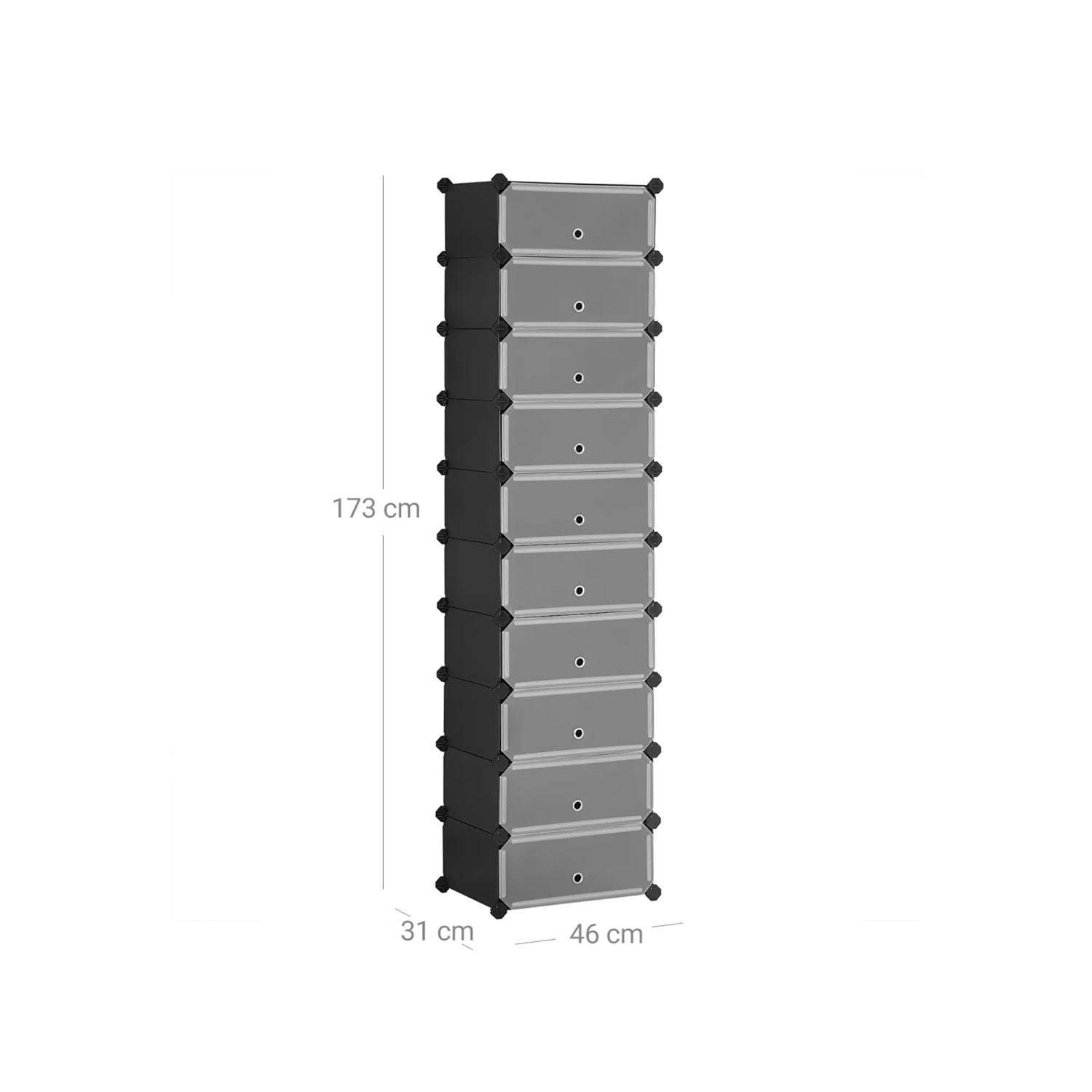 Schwarzes Songmics Regal mit 10 Ebenen für Schuhe, 31x43x173 cm.