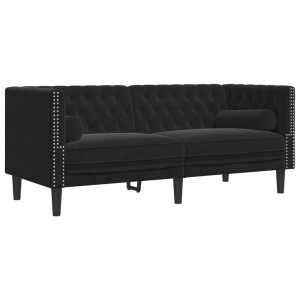 Schwarzes 2-Sitzer Chesterfield Sofa aus Samt mit Nackenrollen.