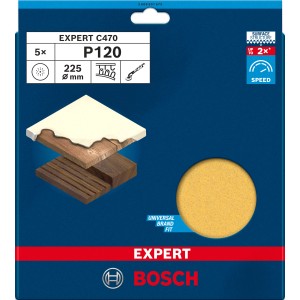 Bosch Schleifblatt C470, Ø 225mm, Körnung P120, 5er-Pack. Zum Schleifen von Flächen, Farbe entfernen und Oberflächen vorbereiten.