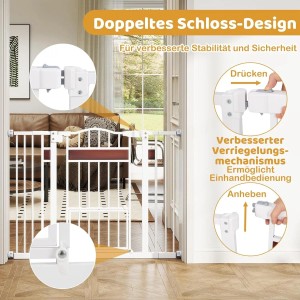 Weißes Costway Türschutzgitter für Hunde, 74-104 cm breit und 76 cm hoch, mit Verlängerungen.