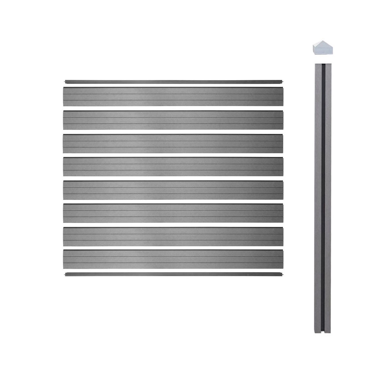 Graues WPC-Sichtschutz Erweiterungselement Savoie mit Zaunpfosten zum Einbetonieren, 188cm, für Gartenzäune.