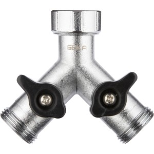 Geka Zweiwegeventil für Schlauchanschluss, 3/4 Zoll, mit zwei regulierbaren Ausgängen.