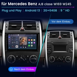 Junsun Autoradio für Mercedes Benz A/B Klasse W169 W245. Links: Modernes Touchscreen-Radio im Armaturenbrett. Rechts: Originalradio.