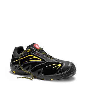 Schwarzer Jori Sicherheitshalbschuh Harrison Low S3, Größe 45, mit gelben Akzenten.