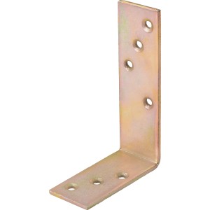 Gelb verzinkter Konstruktionswinkel, 75x120x35 mm, mit Löchern für Schrauben.