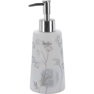 Weiß-grauer baliv Seifenspender aus Keramik mit Blumenmuster.