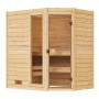 Weka Massivholzsauna Valida Eck mit Glastür, 4,5 kW Ofen Sparset. Sauna aus Fichtenholz mit Eckeinstieg.