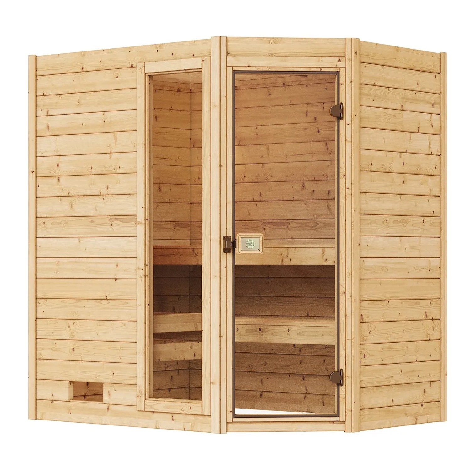 Weka Massivholzsauna Valida Eck mit Glastür, 4,5 kW Ofen Sparset. Sauna aus Fichtenholz mit Eckeinstieg.
