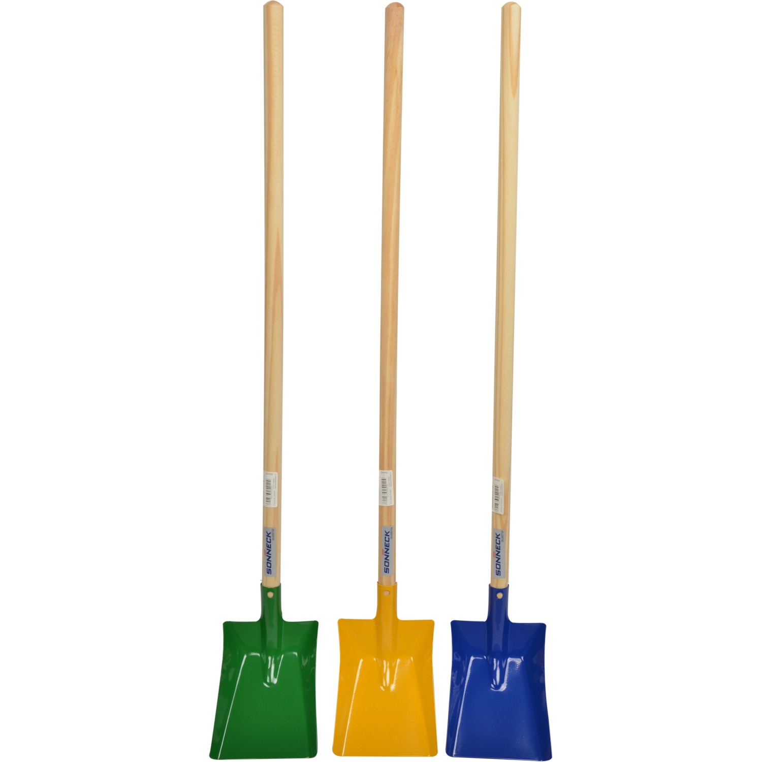 Sonneck Kinderschaufel Mini mit Stiel in Grün, Gelb und Blau. Kinder-Gartengerät.