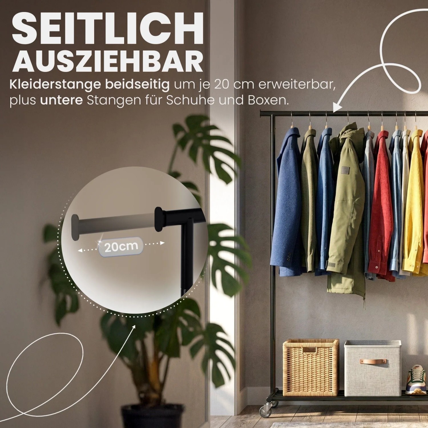 CLP Kleiderständer Bernis XL aus schwarzem Metall, ausziehbare Stange mit Kleidung, Ablage mit Schuhen/Körben.