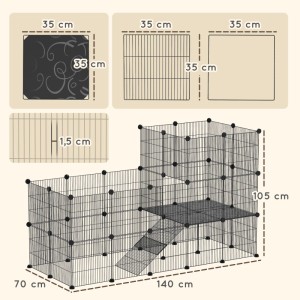 PawHut Kleintiergehege, schwarz, aus Stahl und Kunststoff, mit zwei Ebenen und Rampe, 140x70x105 cm. Modulares Freilaufgehege.