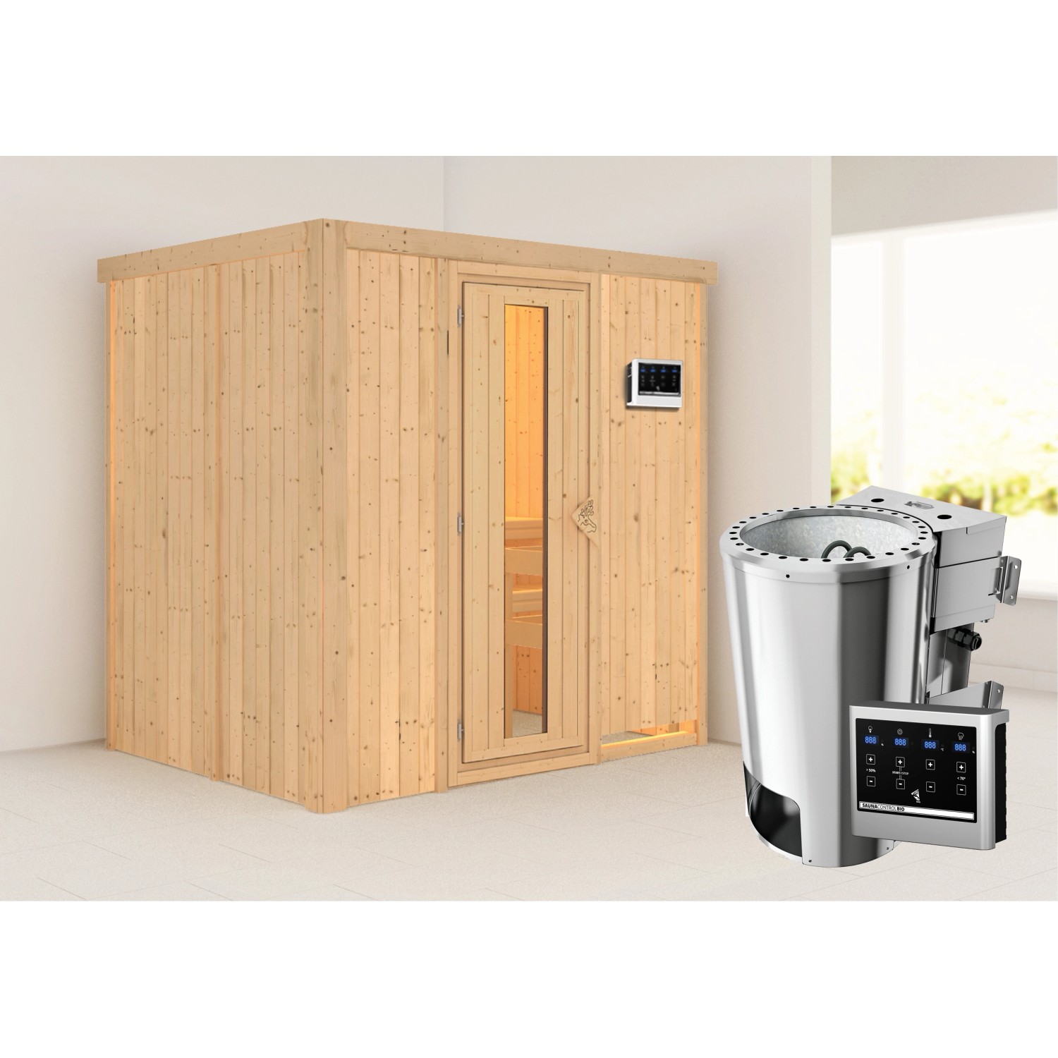 Karibu Sauna Finja mit Bio-Ofen externe Stg.Easy Natur günstig online kaufen