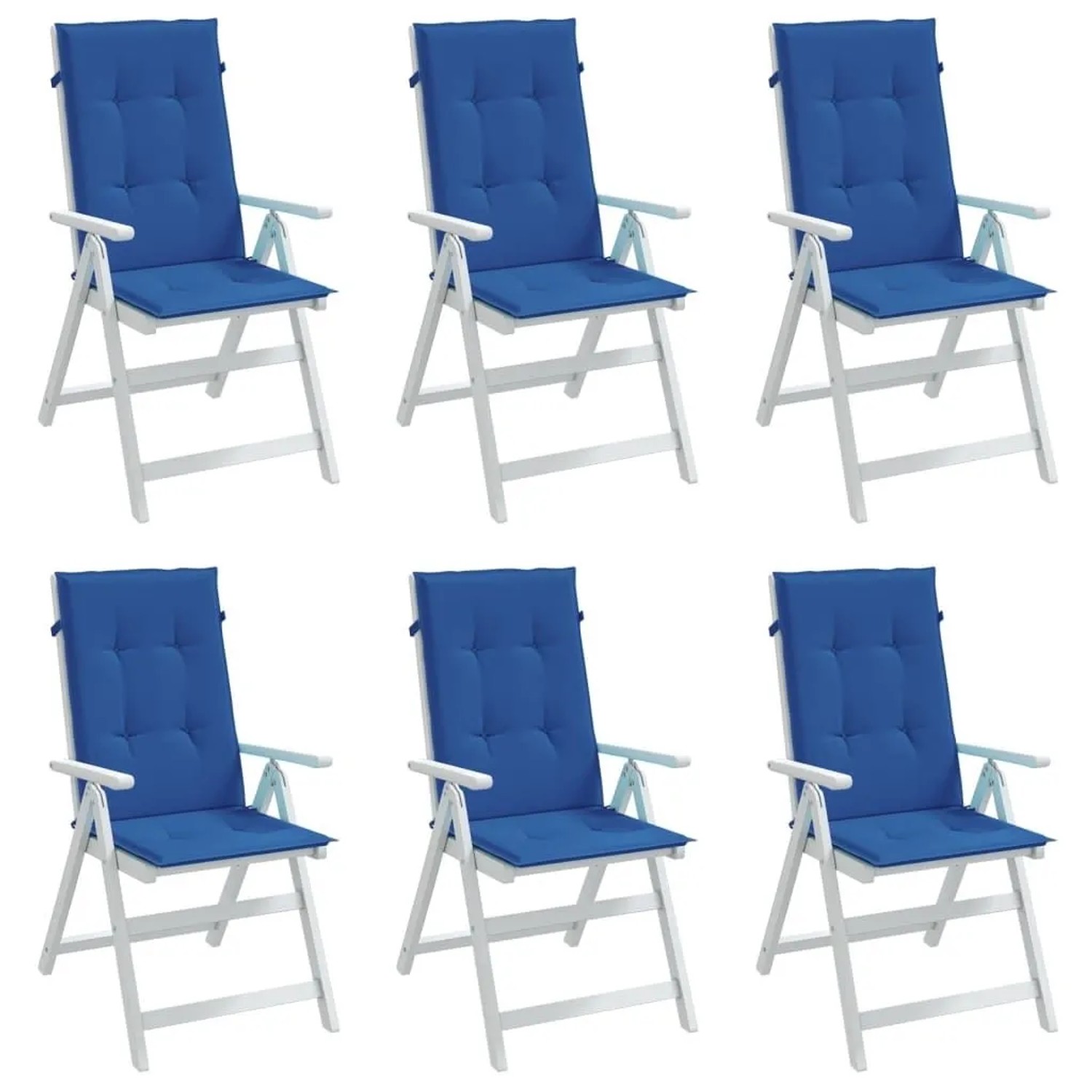 6 königsblaue Hochlehner Gartenstuhlauflagen, gepolstert. Komfortable Sitzkissen für Gartenstühle.