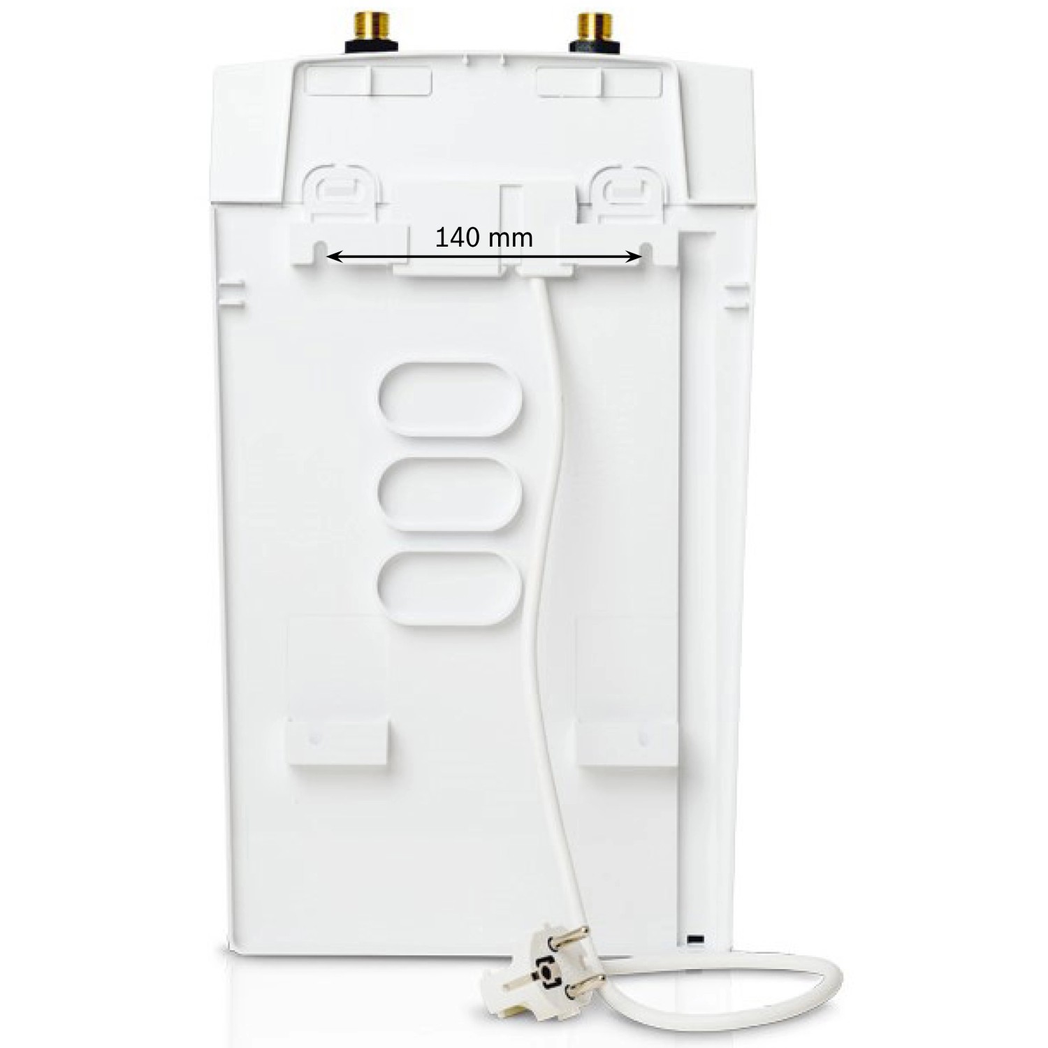 Rückansicht Bosch Tronic Store Compact Kleinspeicher mit Maßangabe 140mm für die Wandmontage.