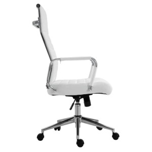 Weißer Svita Office Comfort Bürostuhl aus Kunstleder mit hoher Rückenlehne, Chromgestell und Rollen, Seitenansicht.