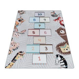 Ayyildiz Kinderteppich Play grau, 120x170 cm mit Hüpfzahlen und Tiermotiven.
