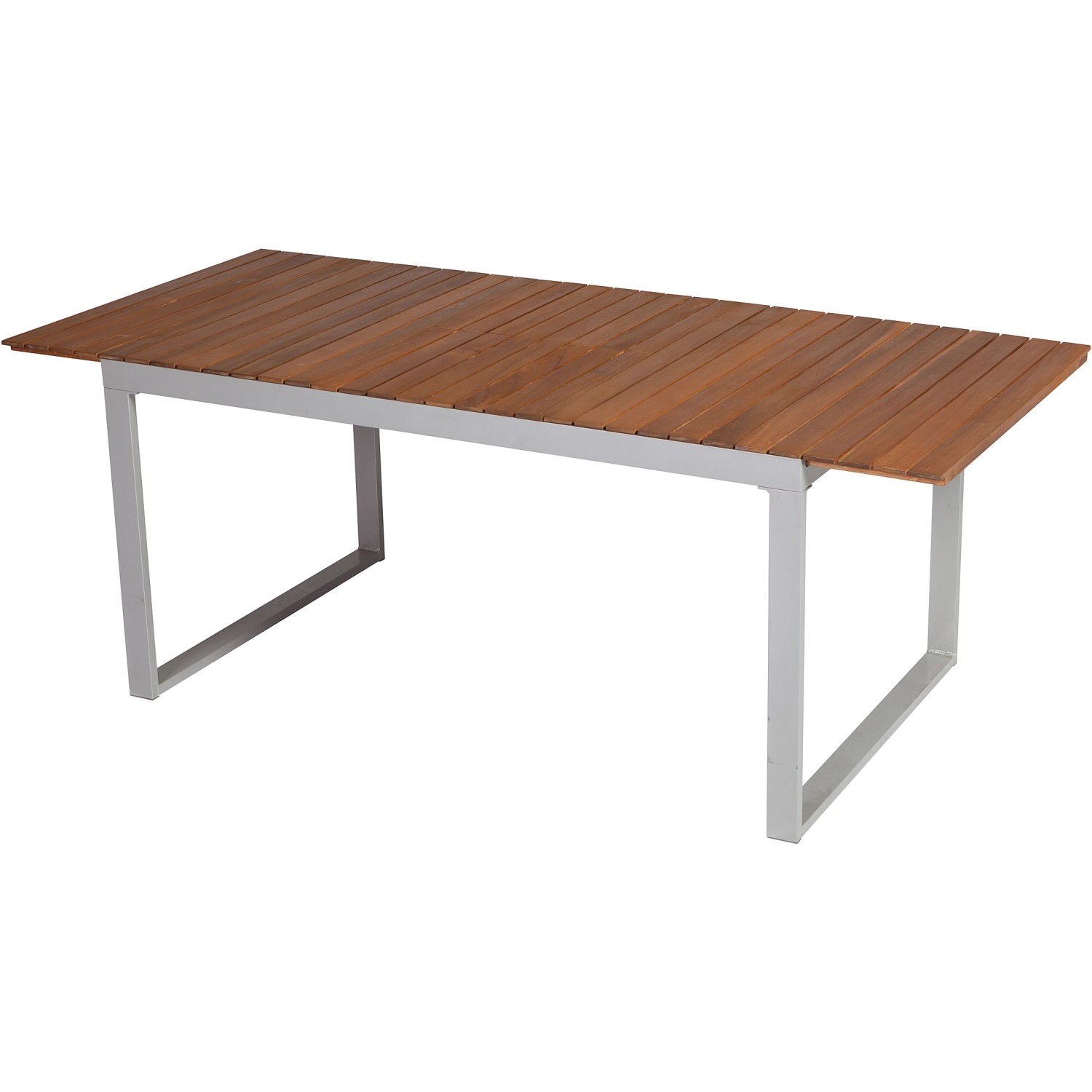 Rechteckiger, ausziehbarer Gartentisch Naxos von Merxx, braune Holzoptik mit silbernem Gestell.