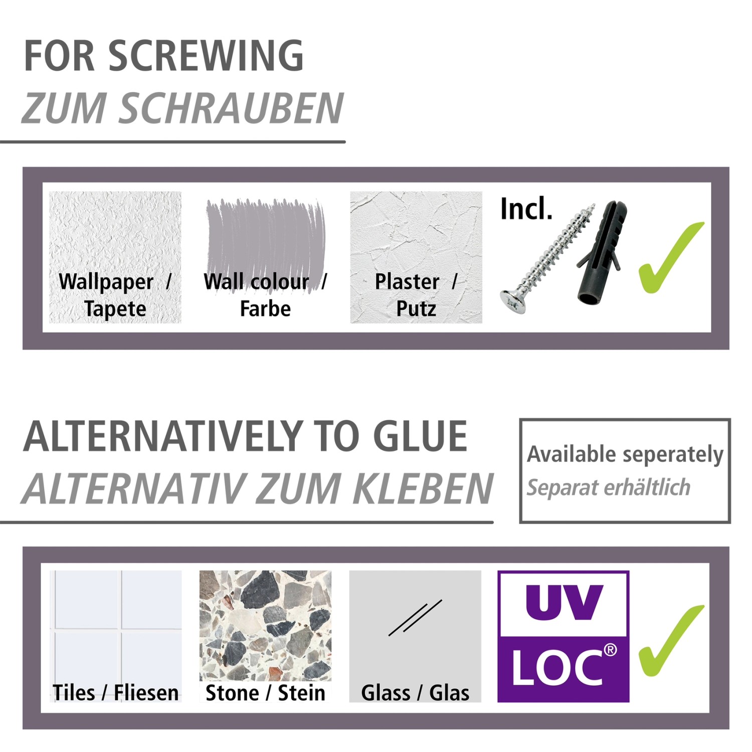 Montagearten für WENKO Eckregal: Schrauben für Tapete, Farbe, Putz; Kleben für Fliesen, Stein, Glas.