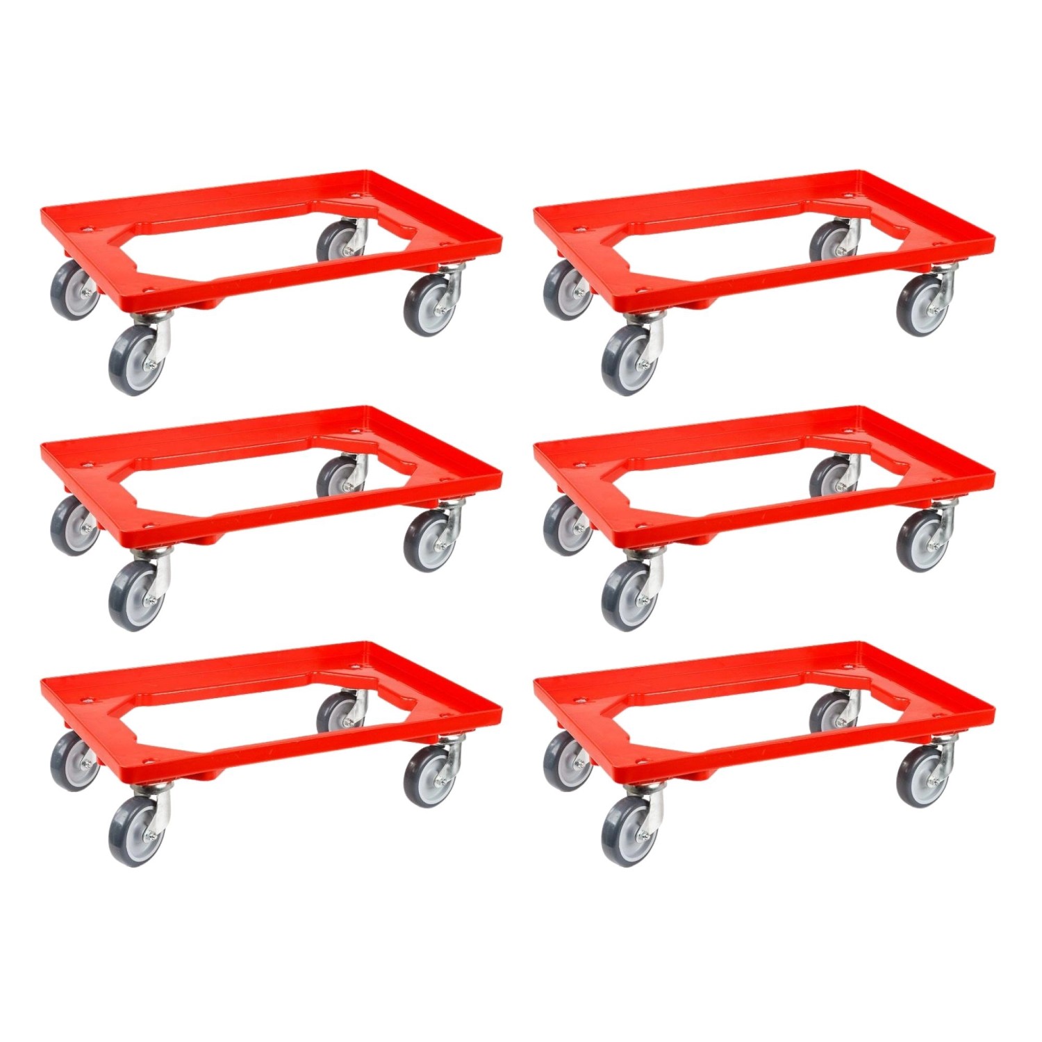 PROREGAL SparSet 6x Transportroller für Euroboxen 60 x 40 cm mit Gummiräder Rot Offenes Deck 4 Lenkrollen Traglast 300 k