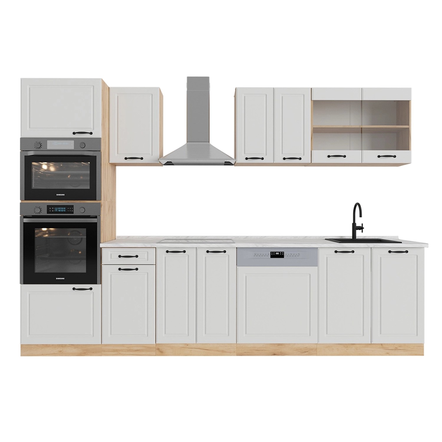 Vicco R-Line Küchenzeile Weiß Landhaus/Goldkraft Eiche 300 cm mit Hochschra günstig online kaufen