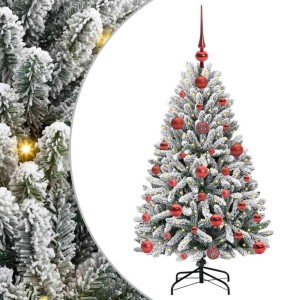 Künstlicher Weihnachtsbaum, 120 cm, grün-weiß mit Schnee, roten Kugeln, Spitze und warmweißen LEDs auf Metallständer.