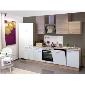 Moderne OBI Küchenzeile "Florida" in Sonoma Eiche-Weiß mit E-Geräten und Spüle.