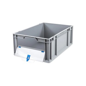 Graue PROREGAL Eurobox mit blauem Entnahme-Cover, 44 Liter. Ideal zur Aufbewahrung und Transport.