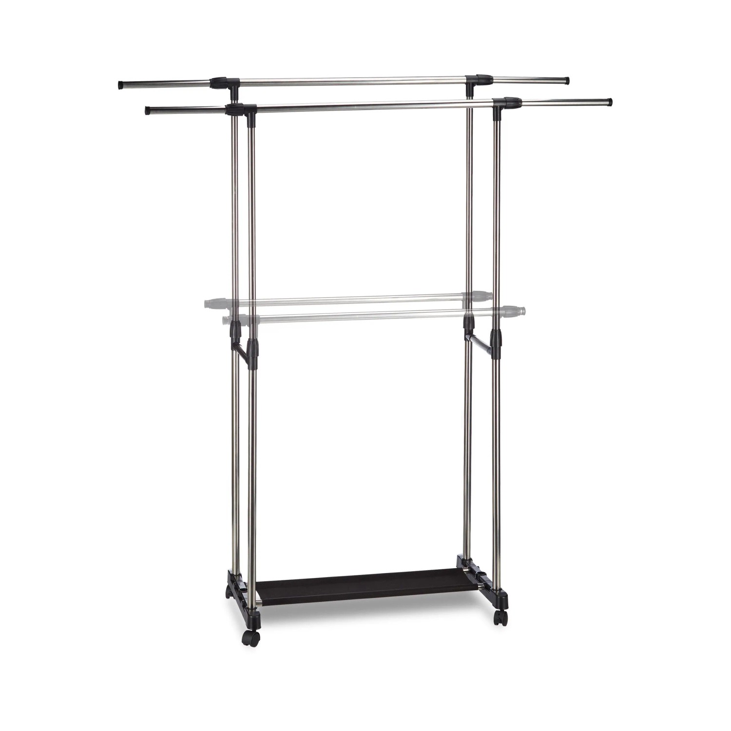 Relaxdays Rollgarderobe Edelstahl Schwarz Höhenverstellbar Mobil mit 2 Kleiderstangen 162 cm x 150 cm x 48 cm 2,1 kg