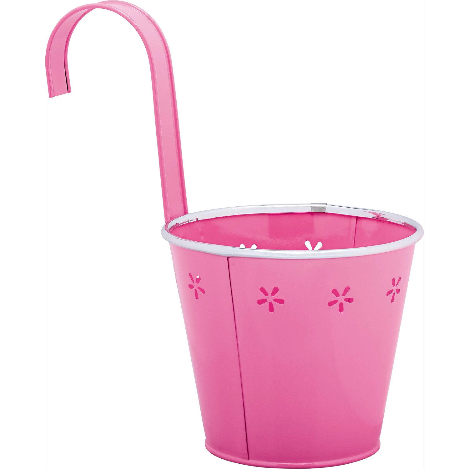 Pinker Hänge-Übertopf aus Metall mit Blumenmuster für Balkon und Terrasse.