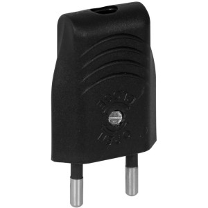 Schwarzer Europa-Stecker (Flachstecker) mit Schraubanschluss für einfache Installation.