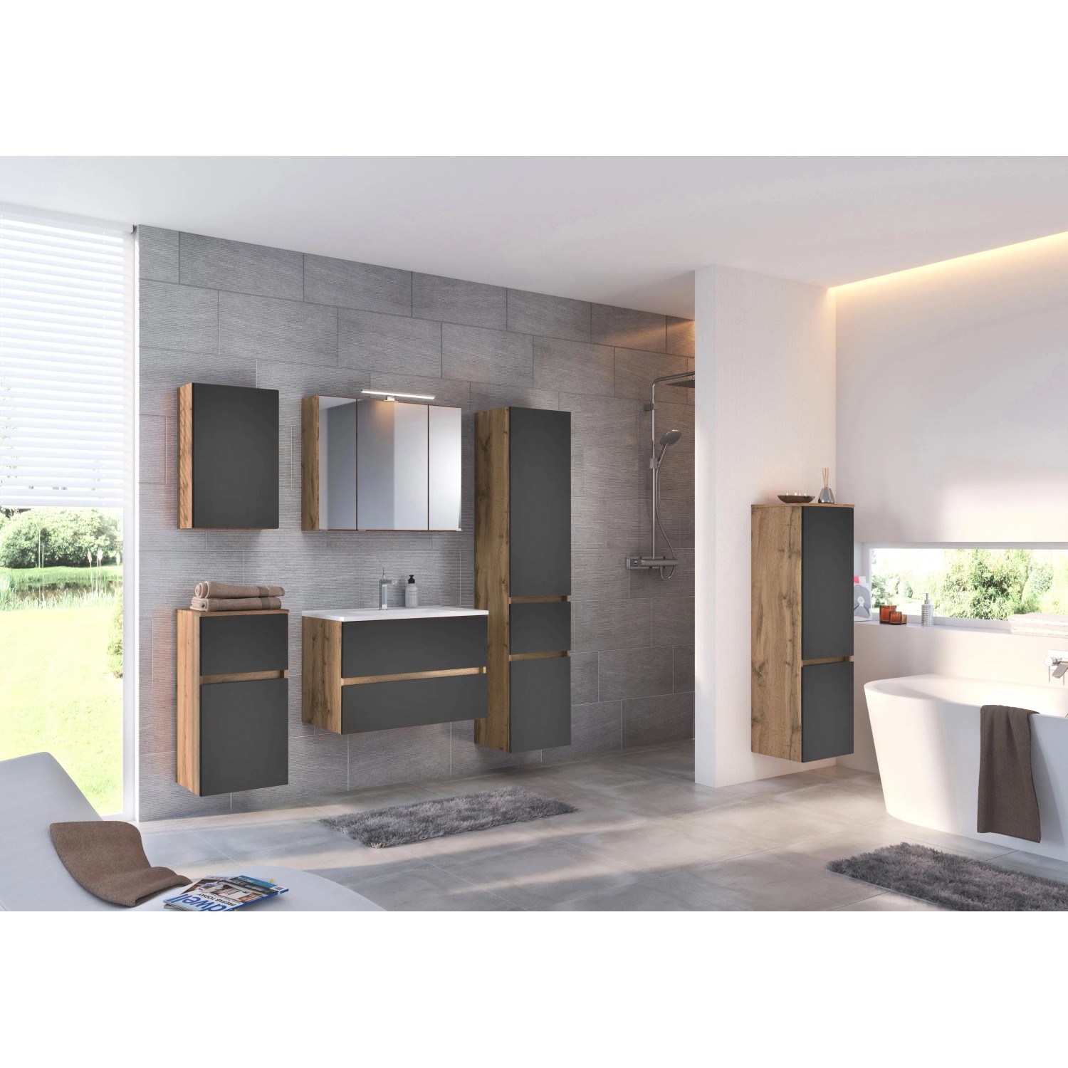 Held Möbel Einzelwaschtisch Bari 80 cm, grau matt, mit Softclose in Badezimmer-Szene.