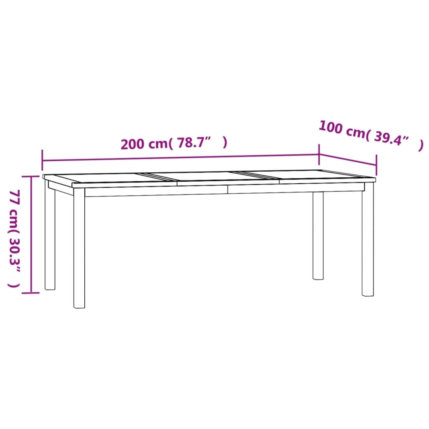 Skizze der vidaXL Garten-Essgruppe aus Teakholz mit Maßangaben.