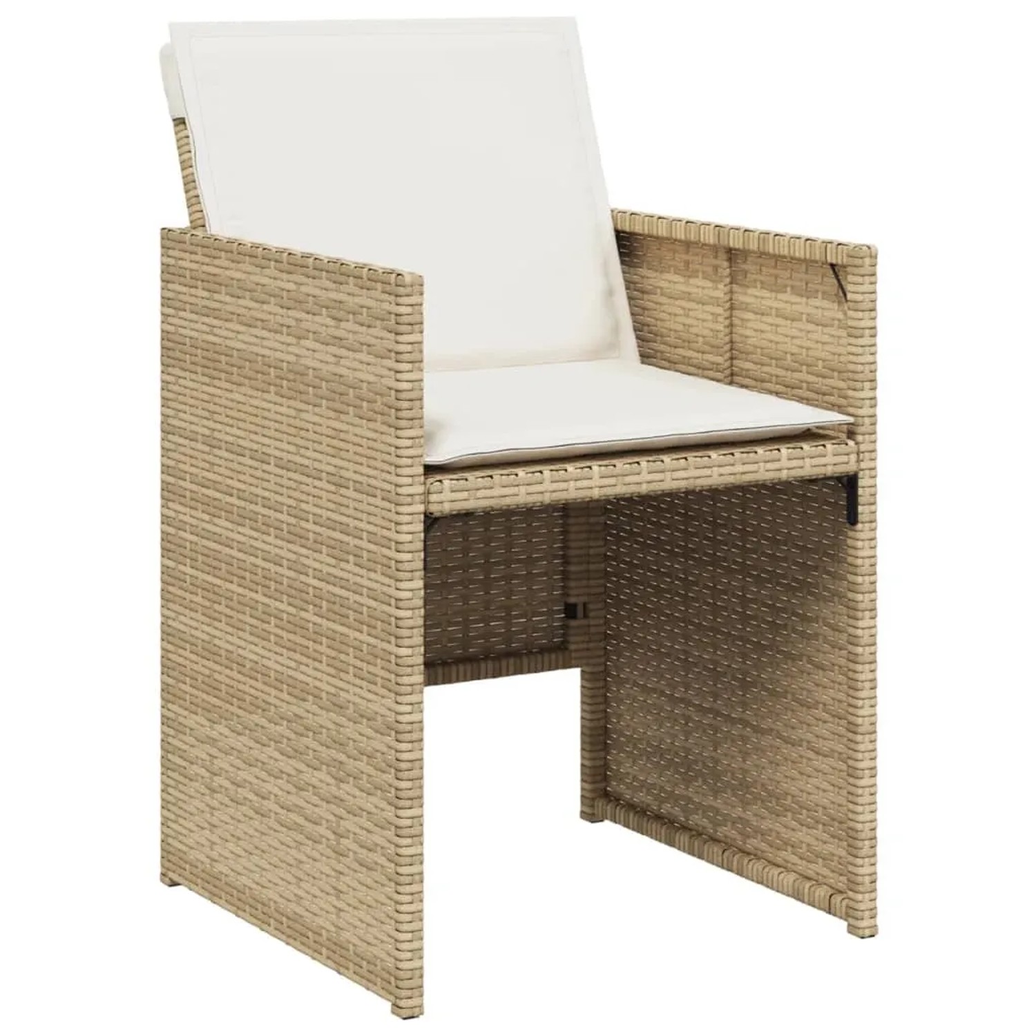 Gartenstuhl aus Poly Rattan in Beige mit cremeweißen Kissen, Teil der vidaXL Garten-Essgruppe.