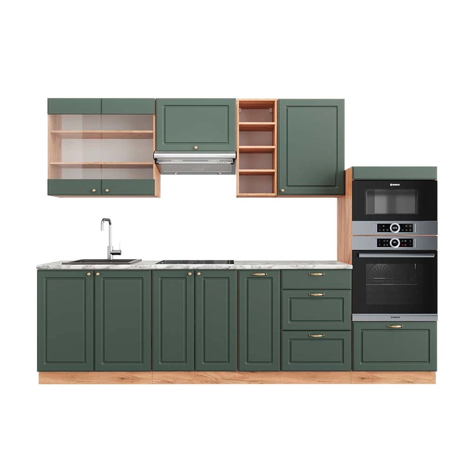Vicco Fame-Line Küchenzeile Grün-Gold Landhaus/Goldkraft Eiche 280 cm AP Ma günstig online kaufen