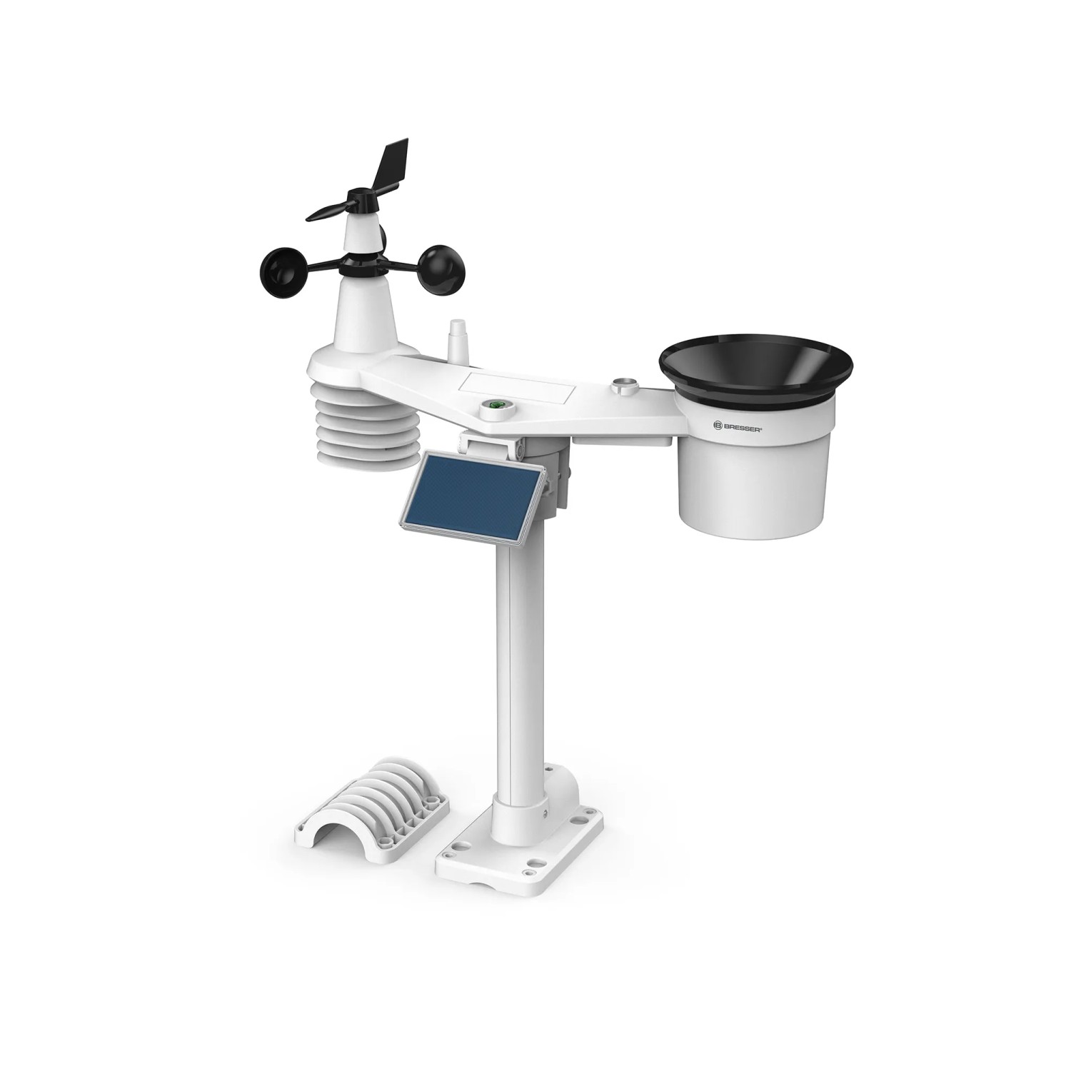 Bresser Solar-WLAN-Wetterstation 4CAST PRO SF 7-in-1, schwarze Windmesser, Regenmesser und Solarpanel.