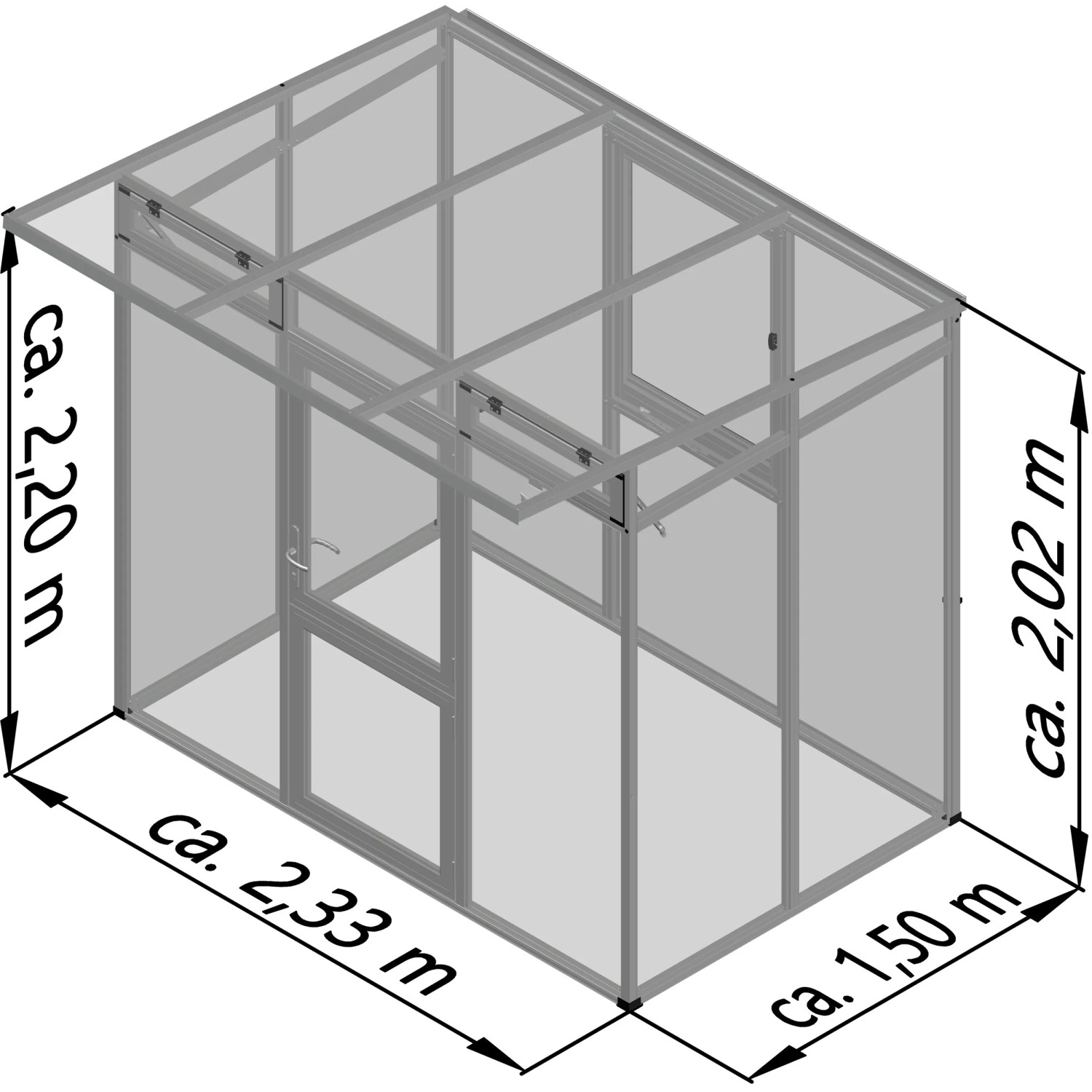 KGT Gewächshaus Santini II small, anthrazit-grau, 2,33x1,50m, mit Tür und Fenster.