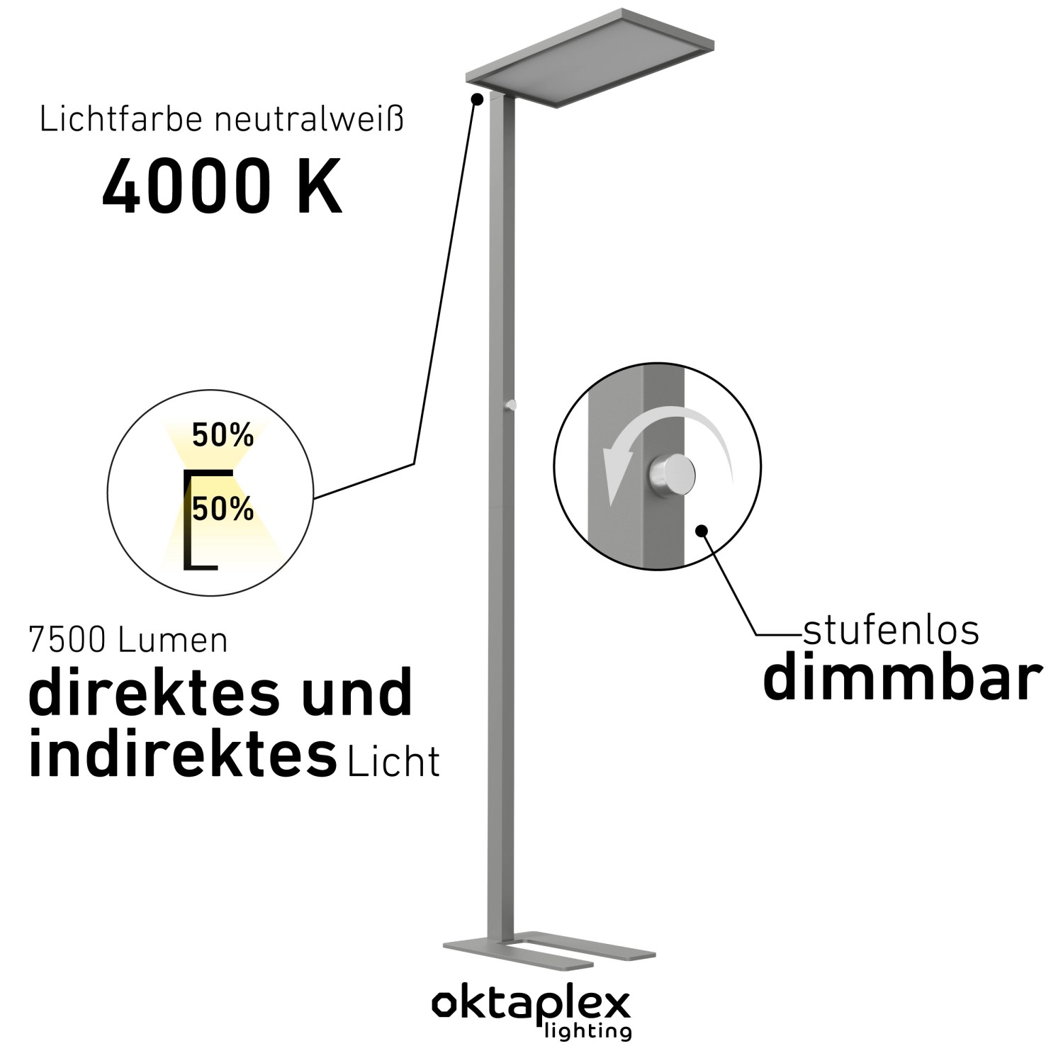 Oktaplex Malmö LED Stehlampe, dimmbar, silber. Büro Stehleuchte mit neutralweißem Licht.