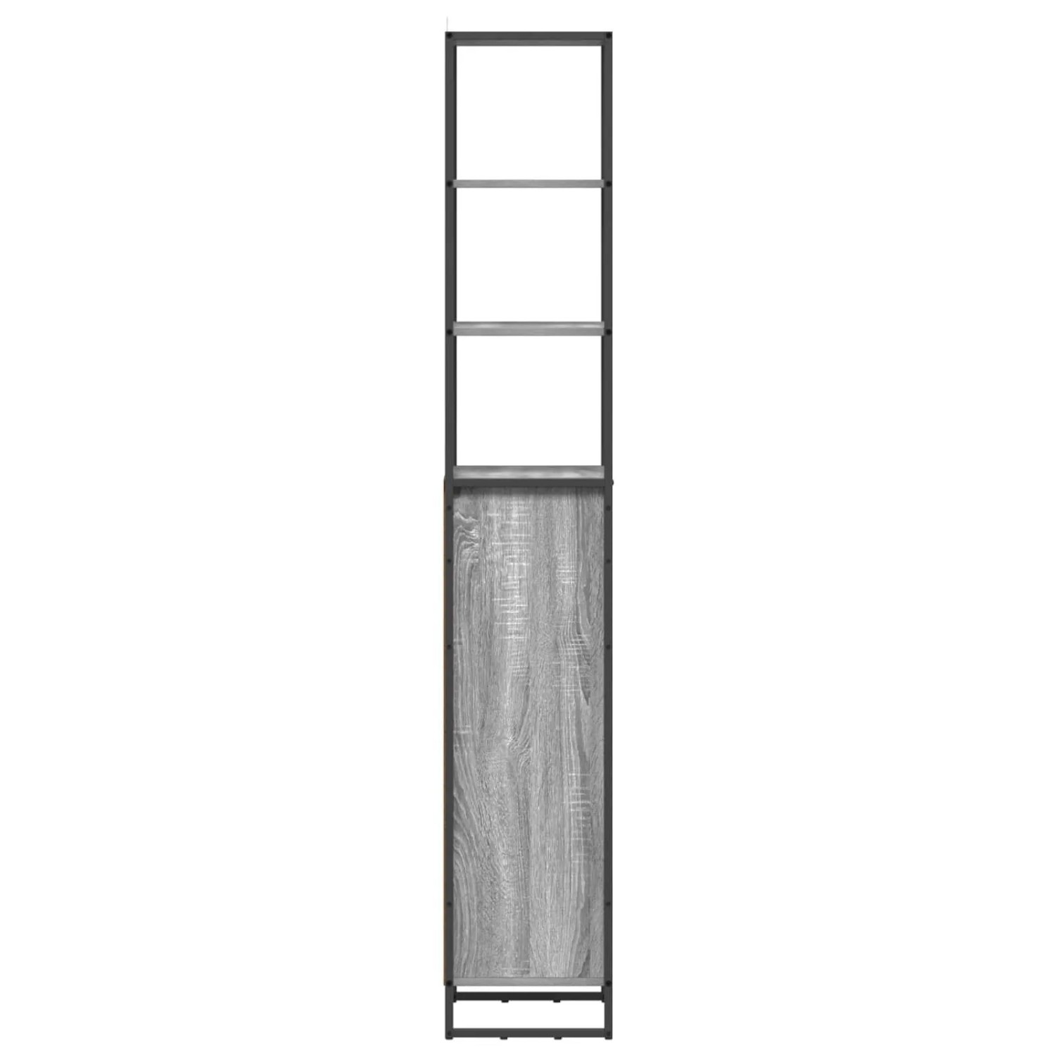Grauer Sonoma Bad-Hochschrank aus Holzwerkstoff mit dunklem Metallrahmen, offenen Regalen und Tür. Modernes Industrie-Design.