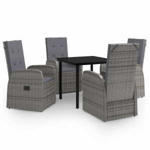 Graue 5-tlg. vidaXL Garten-Essgruppe mit Rattanstühlen, Kissen und schwarzem Tisch für den Garten.