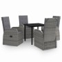 Graue 5-tlg. vidaXL Garten-Essgruppe mit Rattanstühlen, Kissen und schwarzem Tisch für den Garten.