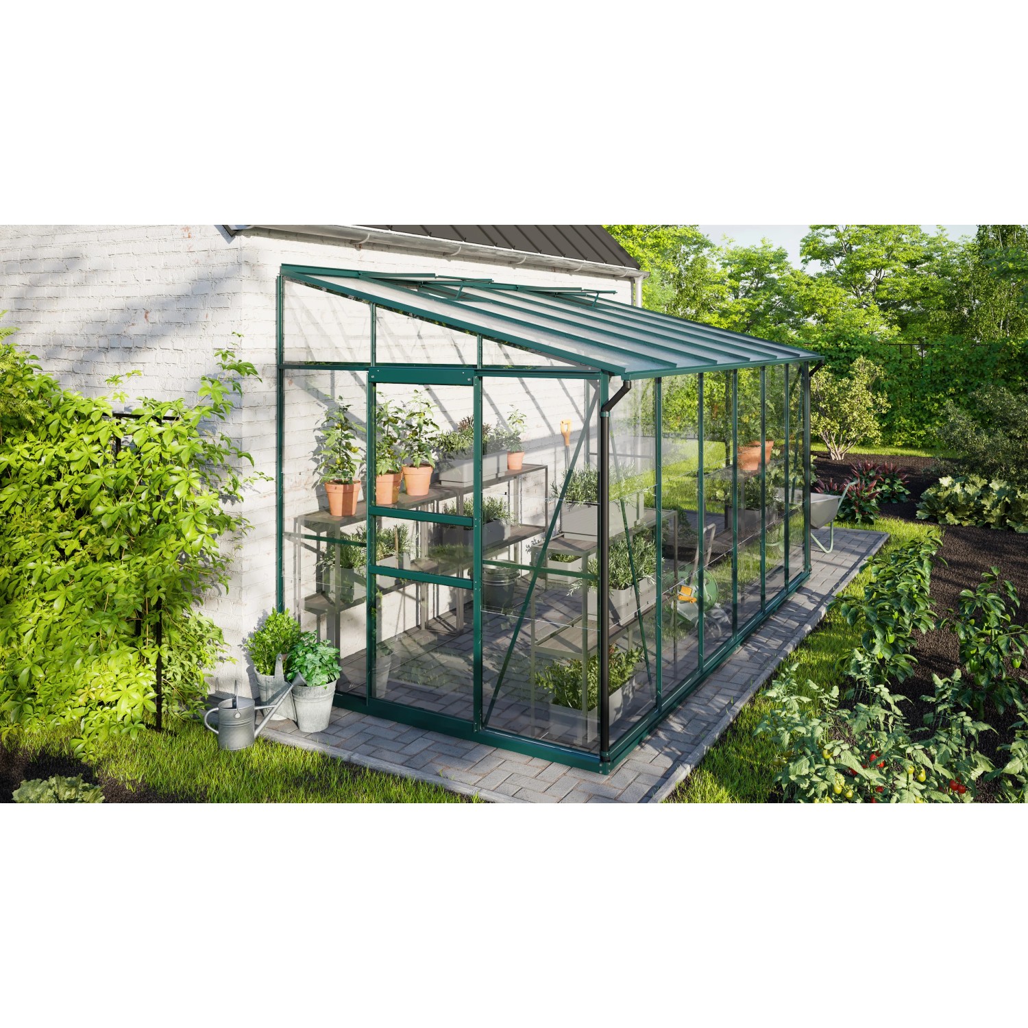 Vitavia Gewächshaus Ida 7800 Smaragd, 7,8 m², Anlehngewächshaus mit Pflanzenregalen.