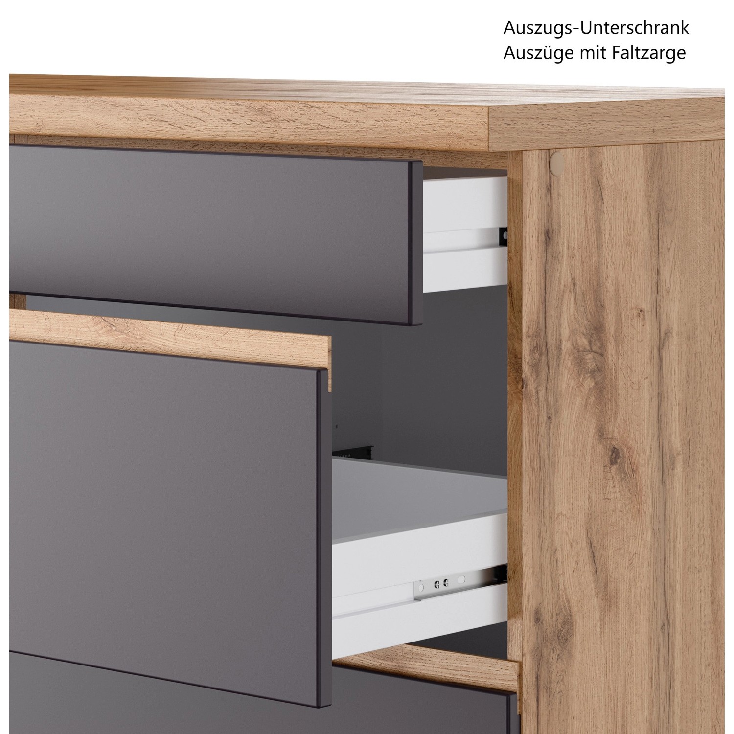 Detailaufnahme: Held Möbel Küchenzeile Turin, Graphit-Wotaneiche, Schubladen geöffnet.