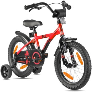 Rotes PROMETHEUS Kinderfahrrad 16 Zoll mit Stützrädern und Rücktrittbremse.