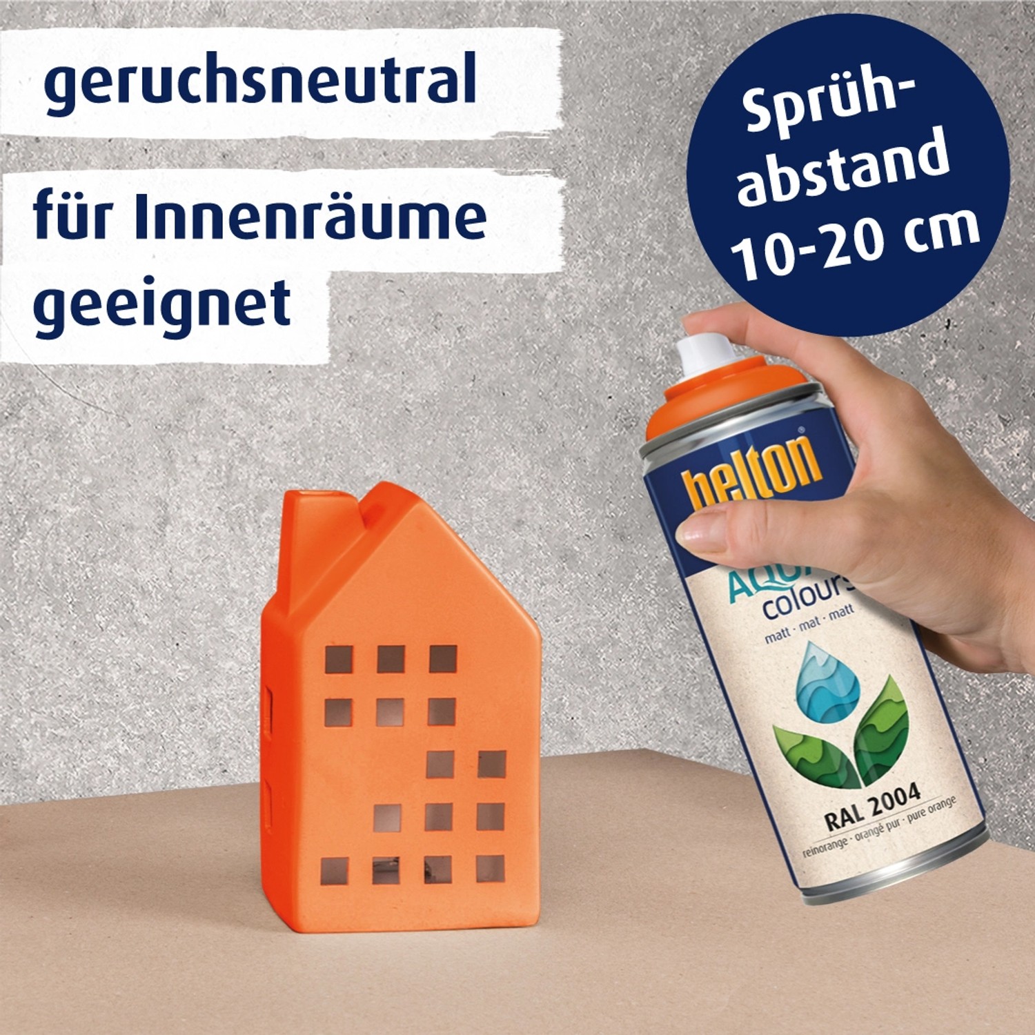 Belton Free AQUAcolours Buntlack Spray RAL 2004 Reinorange matt, mit Farbbeispiel Haus, für Innen & Außen.