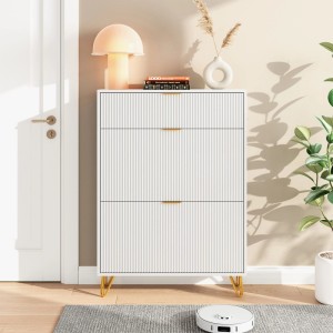 Weißer PXloue Schuhschrank mit drei Klappen und goldenen Füßen für Flur und Diele.