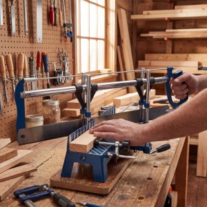 Wiltec Präzisions Gehrungssäge in Blau, Person sägt Holz. Ideal für präzise Zuschnitte und Holzarbeiten.