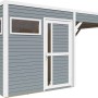 Hellgraues Bertilo Holz-Gartenhaus Cubus 2 Lounge mit Fenster und Überdachung.